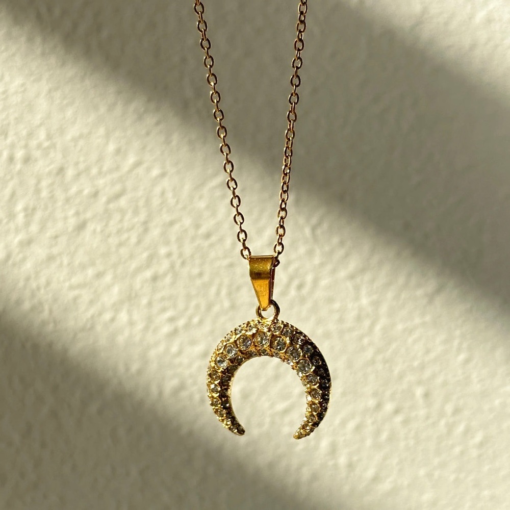 18K Gold Crystal Crescent Moon Necklace